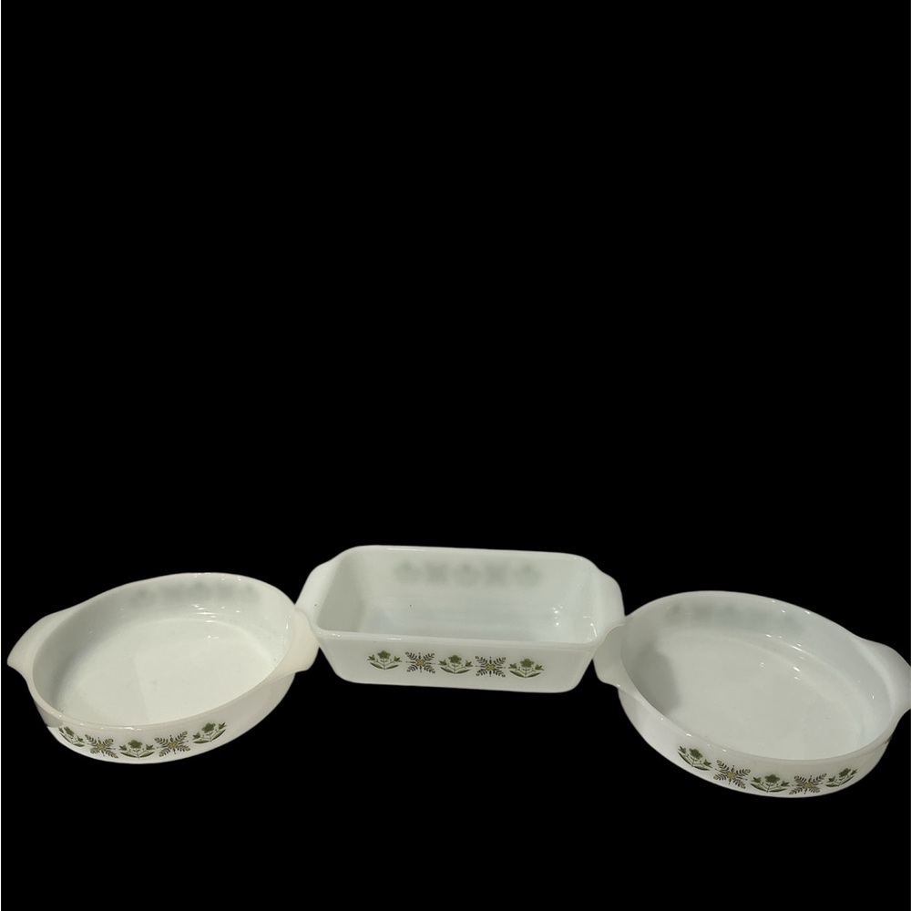 Vintage Anchor Hocking casserole dishes/ loaf pan in the "Meadow Green" pattern